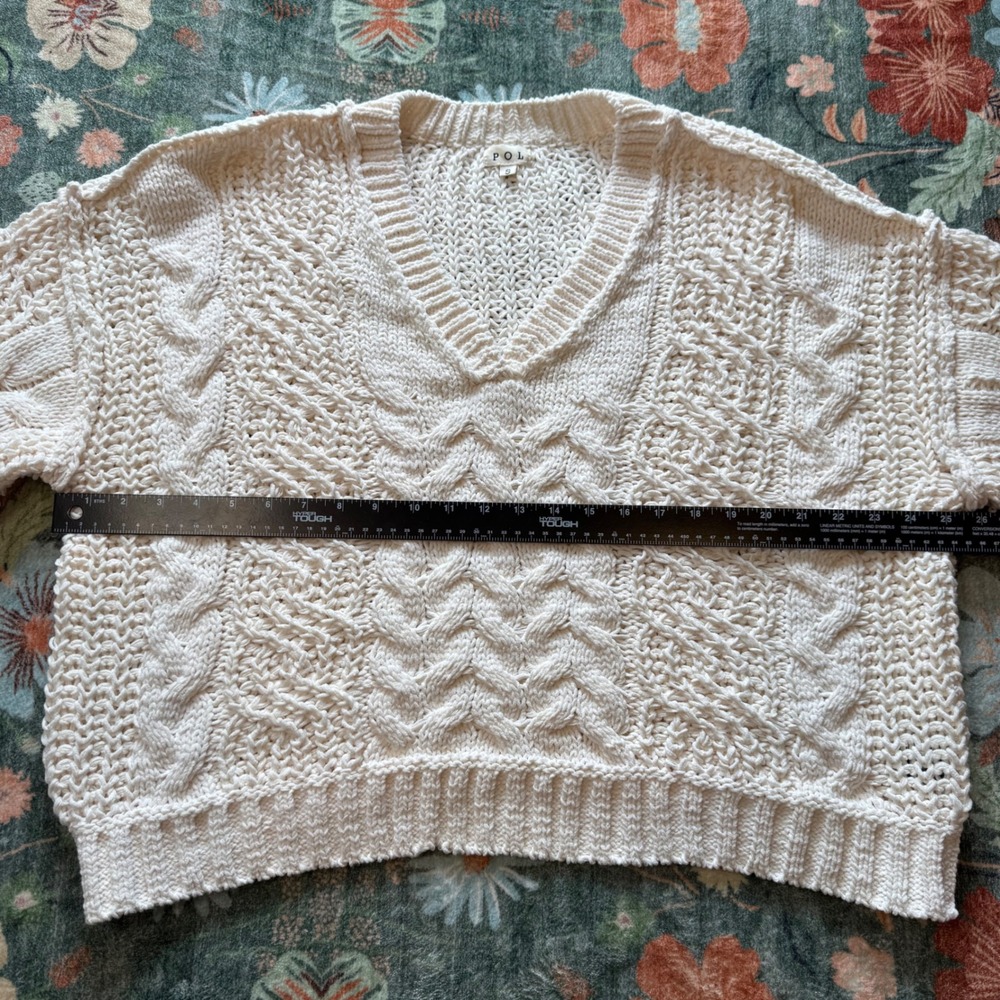 POL Cream Chunky Cable Knit V-Neck Sweater Ivory Oversized Boho YST585 Womens S - Picture 3 of 10